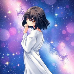 A stunning book cover illustration featuring an anime girl with medium black hair, dressed in a light white casual gown