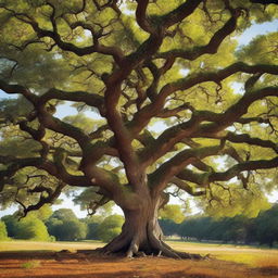 Generate a majestic and ancient oak tree, with gnarled branches and a wide, sturdy trunk, that carry the evidence of hundreds of years of life