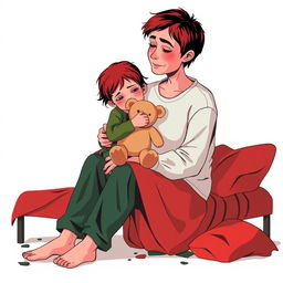 An abstract flat pop art illustration of a dirty, short-haired Caucasian homeless mother sitting with her young daughter, who is hugging her tightly while perched on a messy cot bed