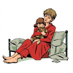 An abstract flat pop art illustration of a dirty, short-haired Caucasian homeless mother sitting with her young daughter, who is hugging her tightly while perched on a messy cot bed