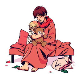 An abstract flat pop art illustration of a dirty, short-haired Caucasian homeless mother sitting with her young daughter, who is hugging her tightly while perched on a messy cot bed