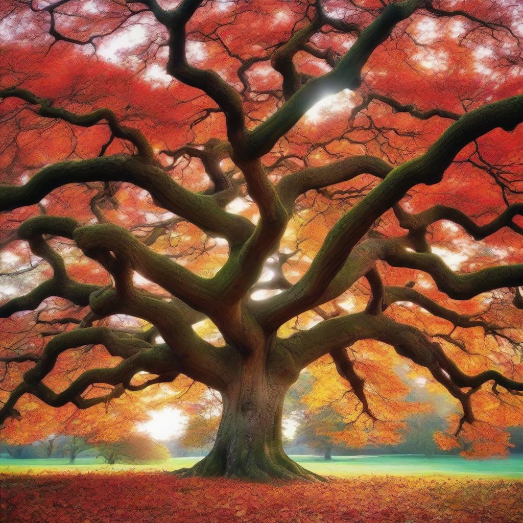 Transform the majestic and ancient oak tree, with its gnarled branches and wide, sturdy trunk, into a spectacle of autumnal beauty, with leaves in fiery hues of red