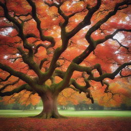 Transform the majestic and ancient oak tree, with its gnarled branches and wide, sturdy trunk, into a spectacle of autumnal beauty, with leaves in fiery hues of red