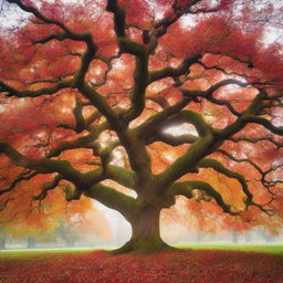 Transform the majestic and ancient oak tree, with its gnarled branches and wide, sturdy trunk, into a spectacle of autumnal beauty, with leaves in fiery hues of red