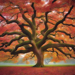 Transform the majestic and ancient oak tree, with its gnarled branches and wide, sturdy trunk, into a spectacle of autumnal beauty, with leaves in fiery hues of red