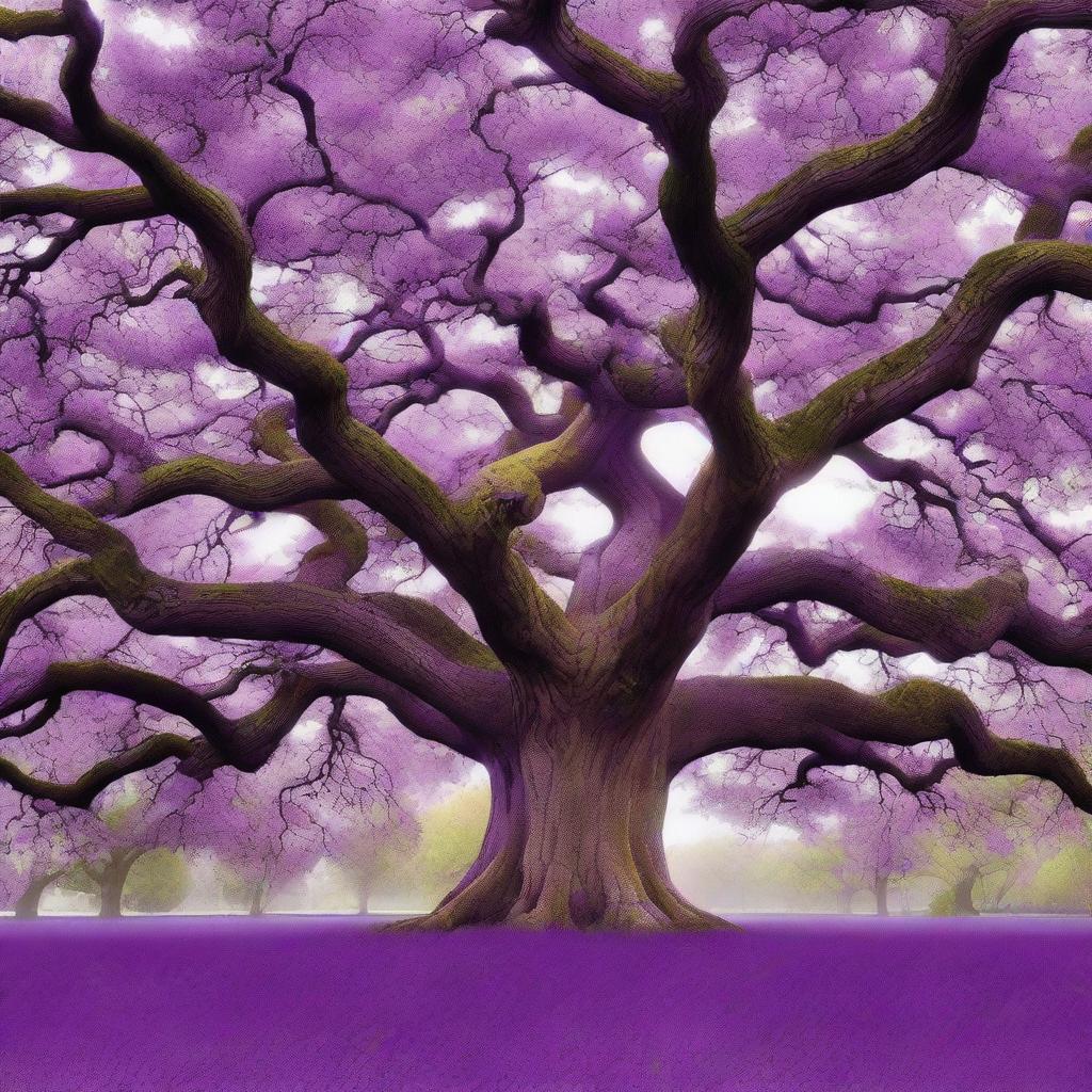 Transform the leaves of the majestic and ancient oak tree to a mesmerizing shade of purple, adding a touch of fantasy to its wise, old structure