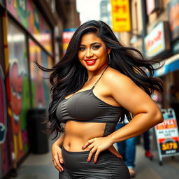 A curvy young woman with a big, attractive figure, confidently posing in an urban setting