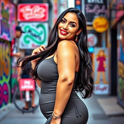 A curvy young woman with a big, attractive figure, confidently posing in an urban setting