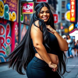 A curvy young woman with a big, attractive figure, confidently posing in an urban setting