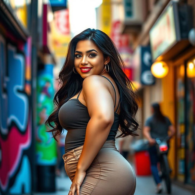 A curvy young woman with a big, attractive figure, confidently posing in an urban setting