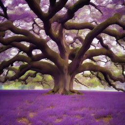 Transform the leaves of the majestic and ancient oak tree to a mesmerizing shade of purple, adding a touch of fantasy to its wise, old structure