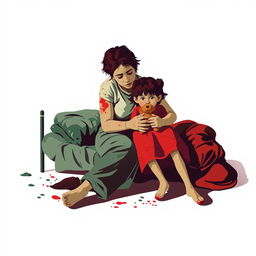 An abstract flat pop art depiction of a dirty Caucasian homeless mother sitting on a messy cot, embracing her young Caucasian daughter, who is clutching a small stuffed teddy bear