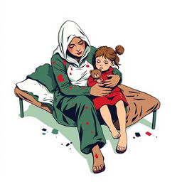 An abstract flat pop art depiction of a dirty Caucasian homeless mother sitting on a messy cot, embracing her young Caucasian daughter, who is clutching a small stuffed teddy bear