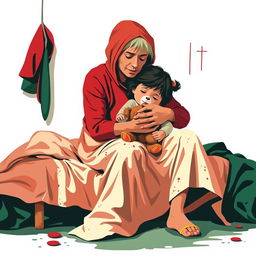 An abstract flat pop art depiction of a dirty Caucasian homeless mother sitting on a messy cot, embracing her young Caucasian daughter, who is clutching a small stuffed teddy bear