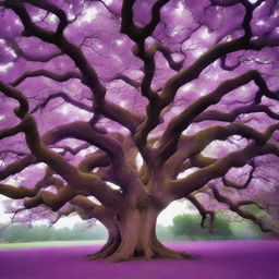 Transform the leaves of the majestic and ancient oak tree to a mesmerizing shade of purple, adding a touch of fantasy to its wise, old structure