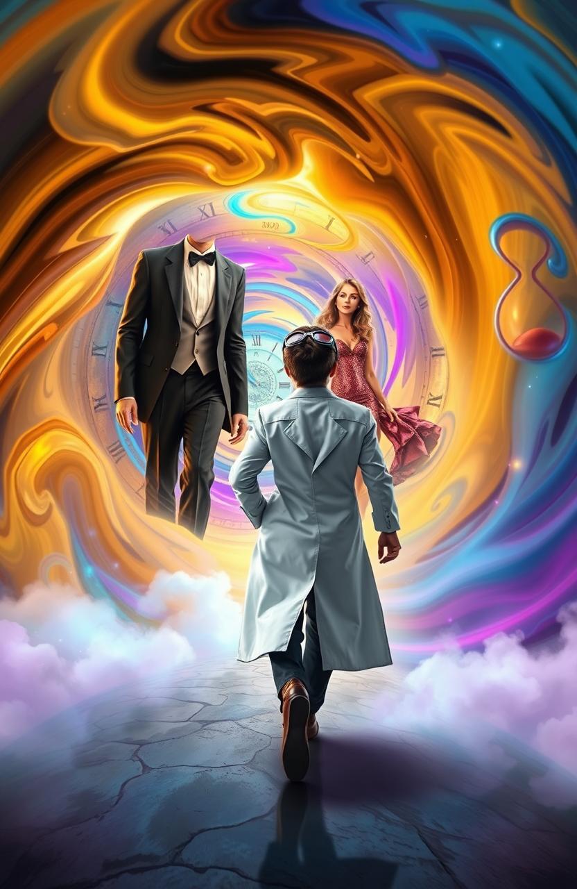 A dynamic book cover depicting a young scientist walking confidently away from a swirling, vibrant time portal