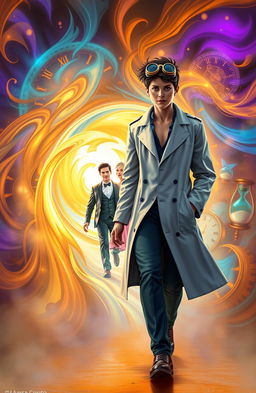 A dynamic book cover depicting a young scientist walking confidently away from a swirling, vibrant time portal