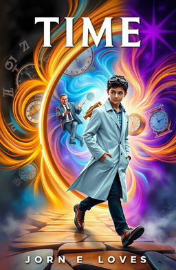A dynamic book cover depicting a young scientist walking confidently away from a swirling, vibrant time portal