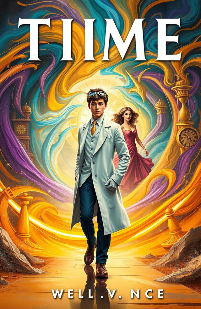 A dynamic book cover depicting a young scientist walking confidently away from a swirling, vibrant time portal