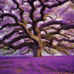 Transform the leaves of the majestic and ancient oak tree to a mesmerizing shade of purple, adding a touch of fantasy to its wise, old structure