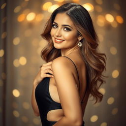 A captivating and alluring woman posing confidently in an elegant outfit that accentuates her curves, surrounded by a soft, dreamy background