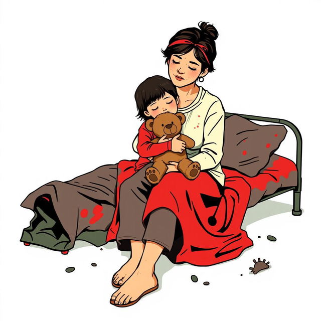 An abstract flat pop art illustration of a dirty Caucasian homeless mother sitting on a messy cot, embracing her young Caucasian daughter who is holding a small stuffed teddy bear