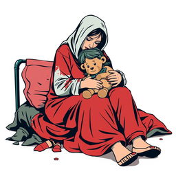 An abstract flat pop art illustration of a dirty Caucasian homeless mother sitting on a messy cot, embracing her young Caucasian daughter who is holding a small stuffed teddy bear