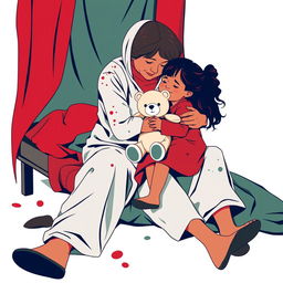 An abstract flat pop art illustration of a dirty Caucasian homeless mother sitting on a messy cot, embracing her young Caucasian daughter who is holding a small stuffed teddy bear