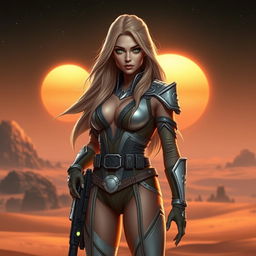 A stunning female character inspired by Star Wars, featuring long flowing hair, striking green eyes, and wearing an intricate space-age outfit adorned with details like silver accents and a belt with glowing gadgets