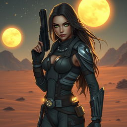A stunning female character inspired by Star Wars, featuring long flowing hair, striking green eyes, and wearing an intricate space-age outfit adorned with details like silver accents and a belt with glowing gadgets