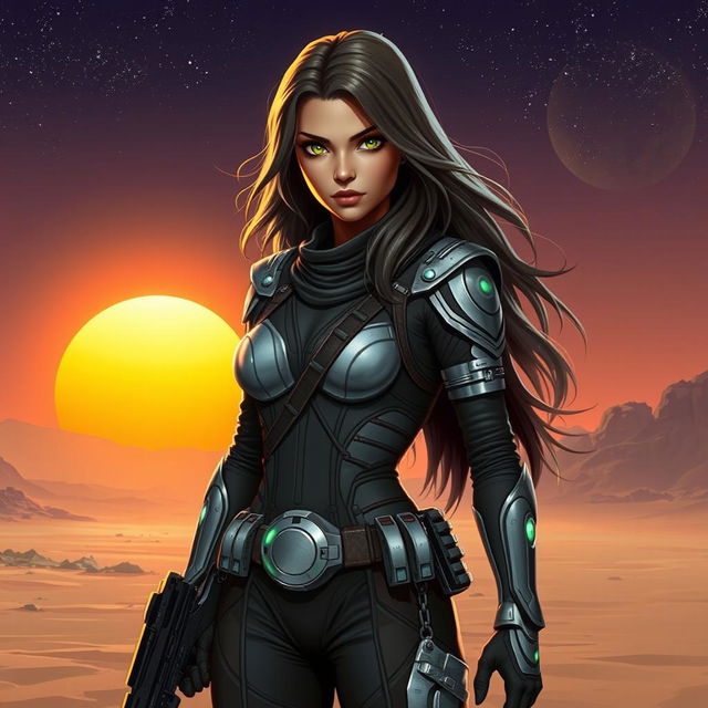 A stunning female character inspired by Star Wars, featuring long flowing hair, striking green eyes, and wearing an intricate space-age outfit adorned with details like silver accents and a belt with glowing gadgets