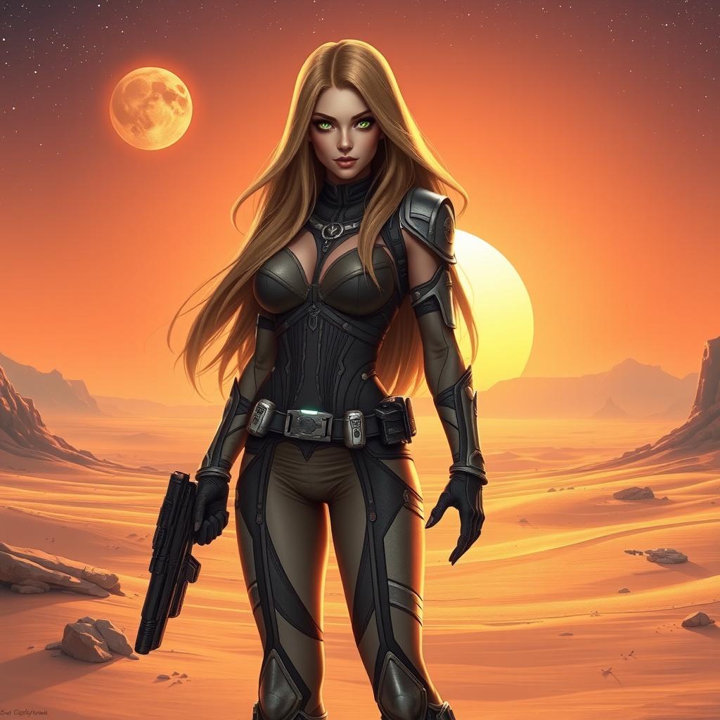 A stunning female character inspired by Star Wars, featuring long flowing hair, striking green eyes, and wearing an intricate space-age outfit adorned with details like silver accents and a belt with glowing gadgets