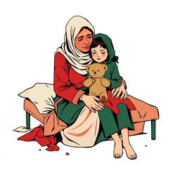 An abstract flat pop art illustration of a dirty Caucasian homeless mother sitting on a messy cot, embracing her young Caucasian daughter who is holding a small stuffed teddy bear