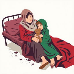An abstract flat pop art illustration of a dirty Caucasian homeless mother sitting on a messy cot, embracing her young Caucasian daughter who is holding a small stuffed teddy bear
