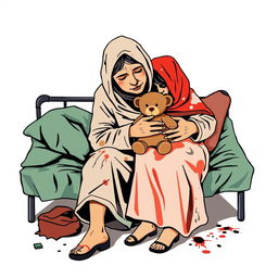 An abstract flat pop art illustration of a dirty Caucasian homeless mother sitting on a messy cot, embracing her young Caucasian daughter who is holding a small stuffed teddy bear
