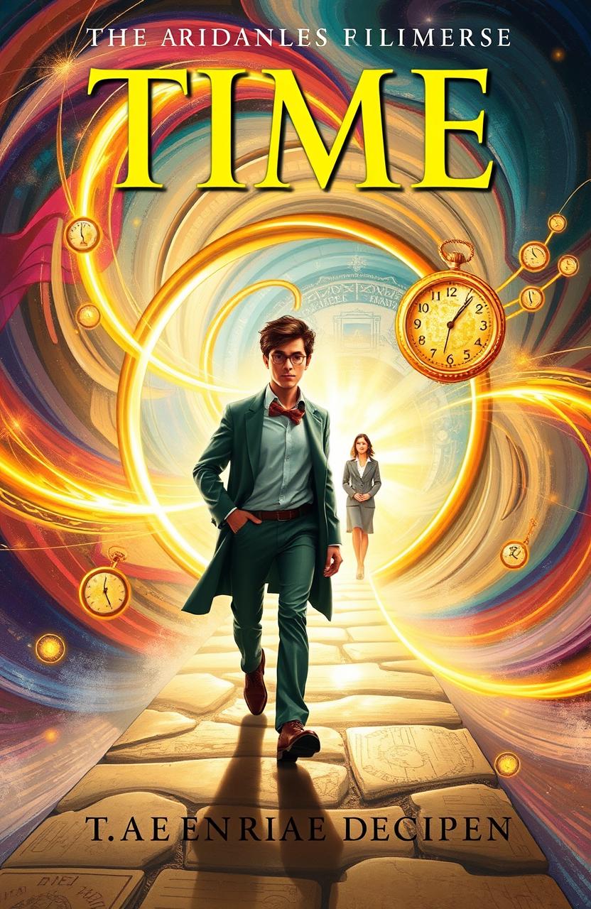 A book cover depicting a young male scientist confidently walking away from a swirling time portal