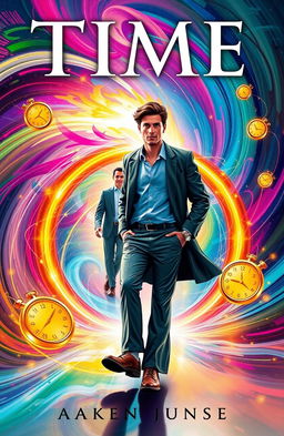 A book cover depicting a young male scientist confidently walking away from a swirling time portal