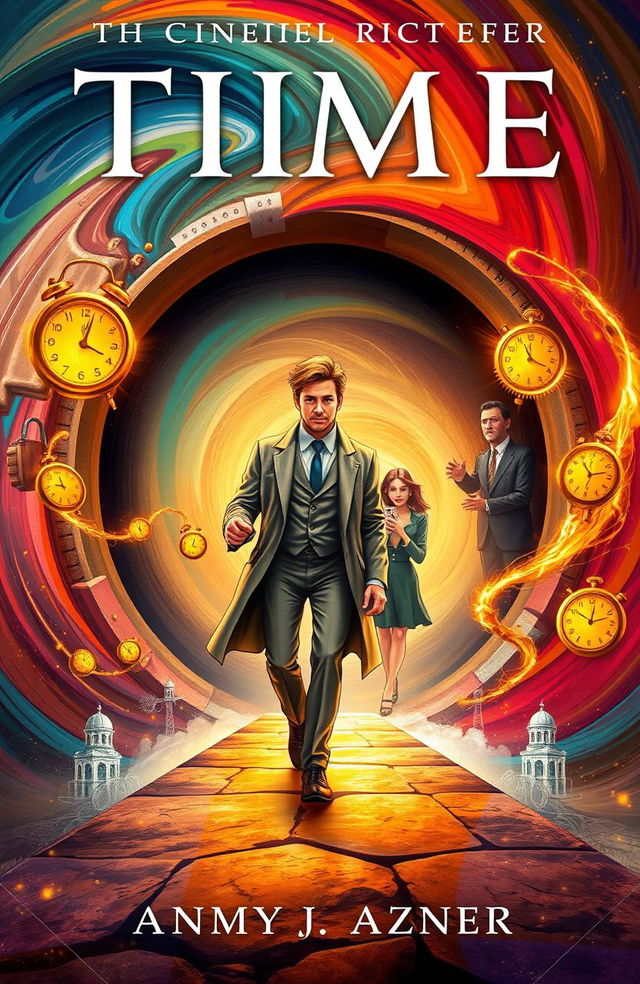 A book cover depicting a young male scientist confidently walking away from a swirling time portal