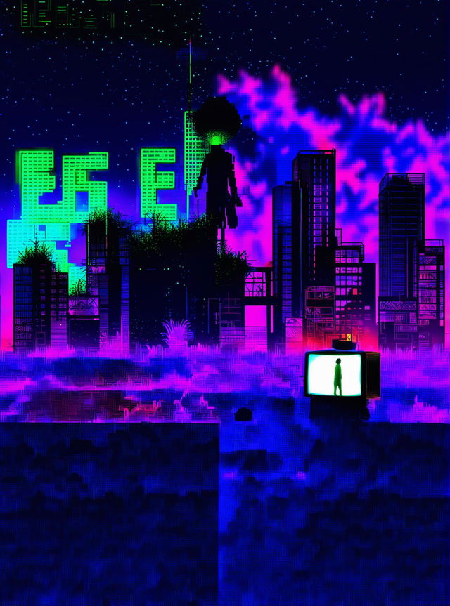 Weirdcore digital art of a distorted reality with floating neon signs, glitched landscapes, and a faceless figure standing in a vintage TV screen