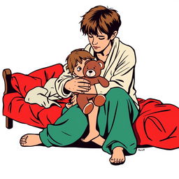 An abstract flat pop art illustration of a dirty short-haired Caucasian homeless mother sitting on a messy cot, embracing her young Caucasian daughter who is holding a small stuffed teddy bear