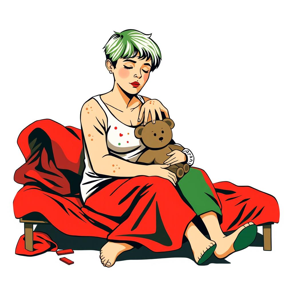 An abstract flat pop art illustration of a dirty short-haired Caucasian homeless mother sitting on a messy cot, embracing her young Caucasian daughter who is holding a small stuffed teddy bear