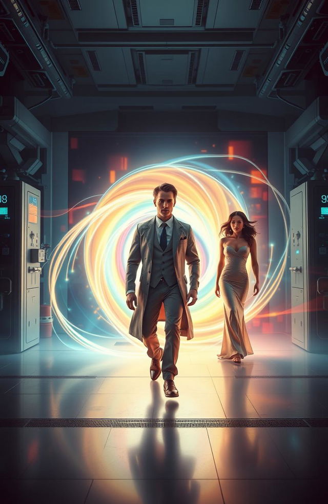 A young male scientist in a lab coat walking away confidently, leaving behind a rich man in a tailored suit and a glamorous woman in an elegant dress, both of them standing at the entrance of a glowing, swirling time portal