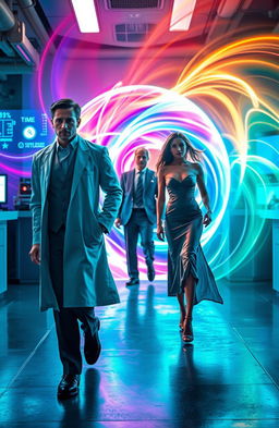 A young male scientist in a lab coat walking away confidently, leaving behind a rich man in a tailored suit and a glamorous woman in an elegant dress, both of them standing at the entrance of a glowing, swirling time portal