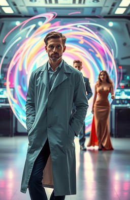 A young male scientist in a lab coat walking away confidently, leaving behind a rich man in a tailored suit and a glamorous woman in an elegant dress, both of them standing at the entrance of a glowing, swirling time portal