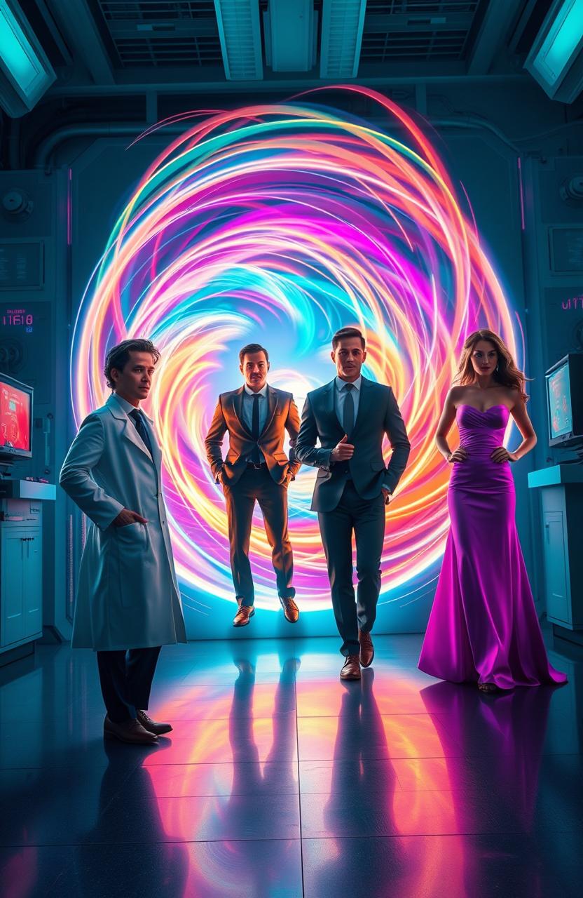 A young male scientist in a lab coat walking away confidently, leaving behind a rich man in a tailored suit and a glamorous woman in an elegant dress, both of them standing at the entrance of a glowing, swirling time portal