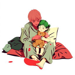 An abstract flat pop art illustration of a dirty short-haired Caucasian homeless mother sitting on a messy cot, hugging her young Caucasian daughter who holds a small stuffed teddy bear