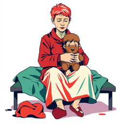An abstract flat pop art illustration of a dirty short-haired Caucasian homeless mother sitting on a messy cot, hugging her young Caucasian daughter who holds a small stuffed teddy bear