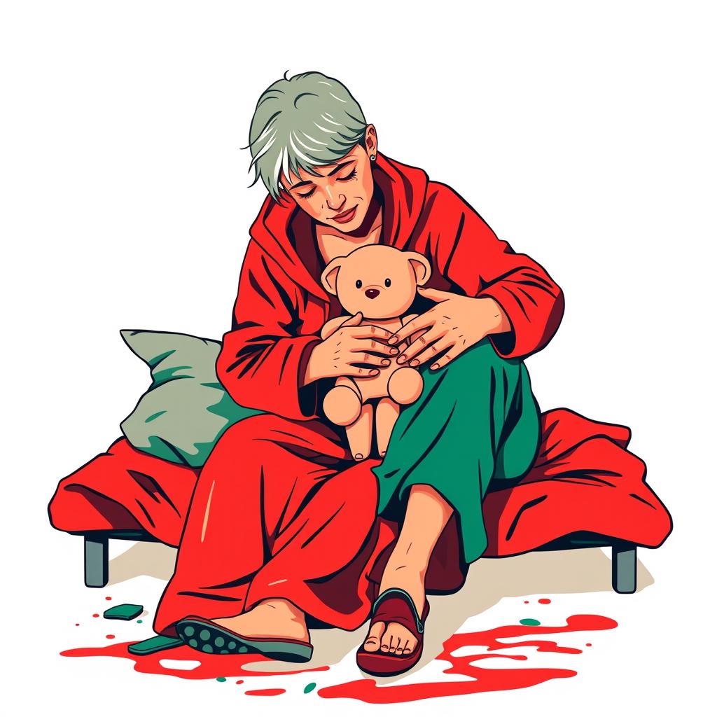 An abstract flat pop art illustration of a dirty short-haired Caucasian homeless mother sitting on a messy cot, hugging her young Caucasian daughter who holds a small stuffed teddy bear