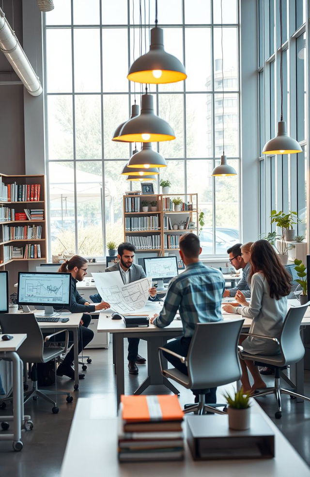 A modern and sophisticated office setting designed for engineers, featuring a spacious layout with large windows allowing natural light to flood in