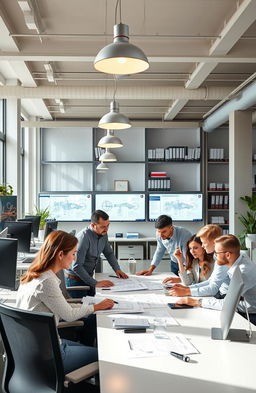 A modern and sophisticated office setting designed for engineers, featuring a spacious layout with large windows allowing natural light to flood in